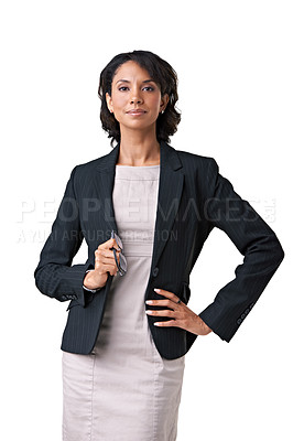 Buy stock photo Business, woman and portrait in studio for confident professional agency manager, mockup on white background. Black person, model or face proud for corporate employee, formal work fashion or style