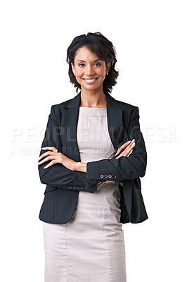 Buy stock photo Businesswoman, arms crossed and portrait smile in studio as confident professional worker, mockup on white background. Black person, face and corporate job mindset, formal work fashion or ambition