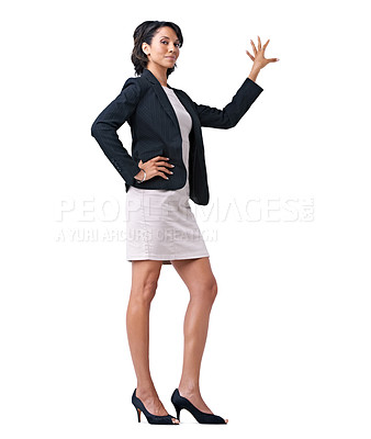 Buy stock photo Woman, teacher and hand for presentation in studio for student project, study information in formal job fashion. Black person, portrait and arm for training learning, mockup space on white background