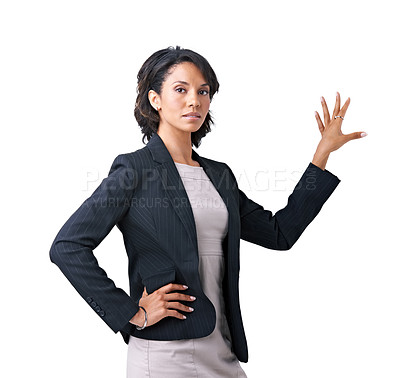 Buy stock photo Business, woman and presentation hand portrait in studio for professional work, corporate information in formal fashion. Black person, face and arm for project confidence, mockup on white background