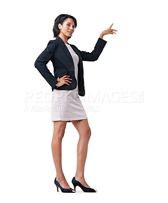 Buy stock photo Woman, business or hand for presentation in studio for work project, corporate information in formal job fashion. Black person, portrait and arm for confident style, mockup space on white background