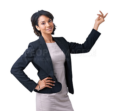 Buy stock photo Woman, business or portrait or pointing hand in studio professional manager, mockup space on white background. Black person, face or arm gesture for information presentation, formal fashion or career
