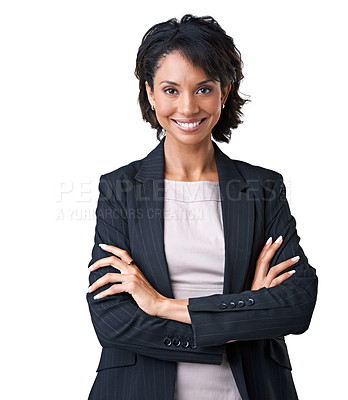 Buy stock photo Businesswoman, arms crossed and portrait smile in studio as confident professional manager, mockup on white background. Black person, face or corporate mindset hands, formal work fashion or ambition
