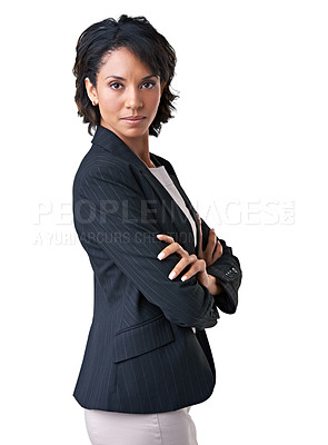 Buy stock photo Portrait, businesswoman and confidence with arms crossed in studio for mock up on white background. Black person, professional or consultant with serious face for modern look in corporate fashion