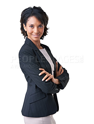 Buy stock photo Businesswoman, arms crossed and portrait confident smile in studio, professional agency manager on white background. Black person, face and corporate job career jacket, formal fashion as mockup space