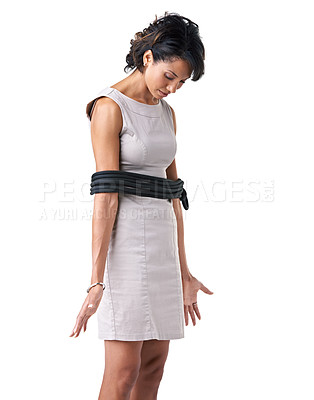 Buy stock photo Studio shot of a businesswoman tied up with ropes against a white background