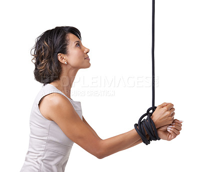 Buy stock photo Woman, business and hands for tied up with rope on white background, studio or mock up in corporate slavery. Person, hostage or prisoner for kidnapping, silence or fear of whistleblower in New York
