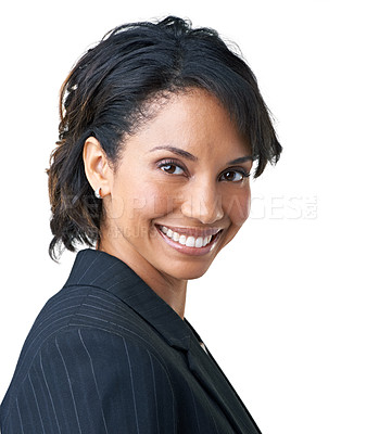 Buy stock photo Businesswoman, portrait or smile in studio as professional manager, closeup or formal fashion. African person, face or happy employee mockup space on white background, confident or corporate style