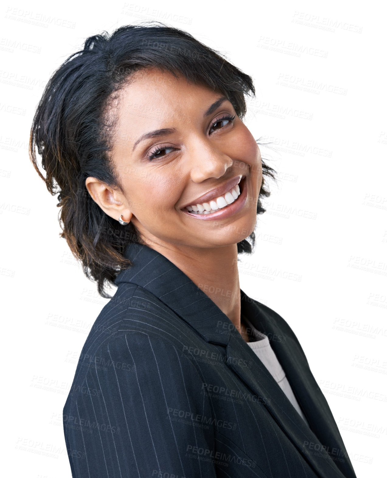 Buy stock photo Businesswoman, portrait or smile in studio as confident manager, closeup or formal work fashion. Black person, face or happy professional employee or mockup space, white background or corporate style