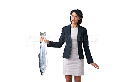 Buy stock photo Woman, business and bad work deal or stink task offer for corrupt crime, company fraud or job scam. Upset person, dead fish and disgust smell for proposal in studio, mockup space on white background