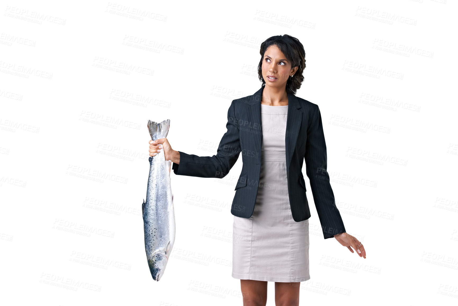 Buy stock photo Woman, business and bad work deal or stink task offer for corrupt crime, company fraud or job scam. Upset person, dead fish and disgust smell for proposal in studio, mockup space on white background