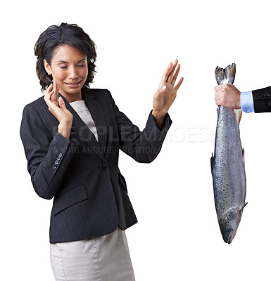 Buy stock photo Woman, business or bribery reject or corporate dirty work, fish or offer disgust corruption crime. Black person, hand or  steal opportunity refuse or stink task as mockup, white background in studio

