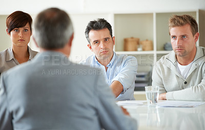 Buy stock photo Serious, meeting and business people in discussion in the office for human resources problem. Collaboration, team and group of professional employees talking on corporate hr issue in modern workplace