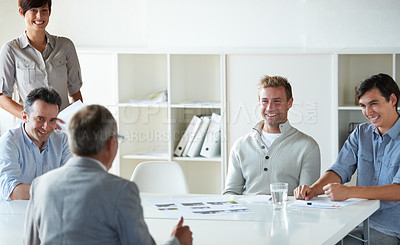 Buy stock photo Man, manager and discussion at business meeting, workshop and conference or staff in training. Mature businessman, team and communication in office, happy and ideas for future growth of company