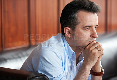 Buy stock photo Thinking, anxiety and man in waiting room for recruitment, opportunity or job interview meeting. Stress, nervous and male worker with tension, crisis or mistake, regret or panic disaster in HR office