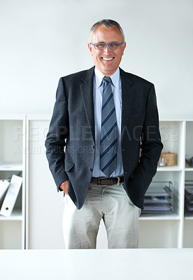 Buy stock photo Man, ceo and smile in portrait, office and pride or confidence, success and positive for business. Mature male person, happy and face of corporate executive, employer and future growth in company