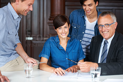 Buy stock photo Portrait, contract and business people in a meeting for planning, strategy and company deal. Smile, teamwork and a woman with businessmen in an office for a partnership, recruitment or onboarding