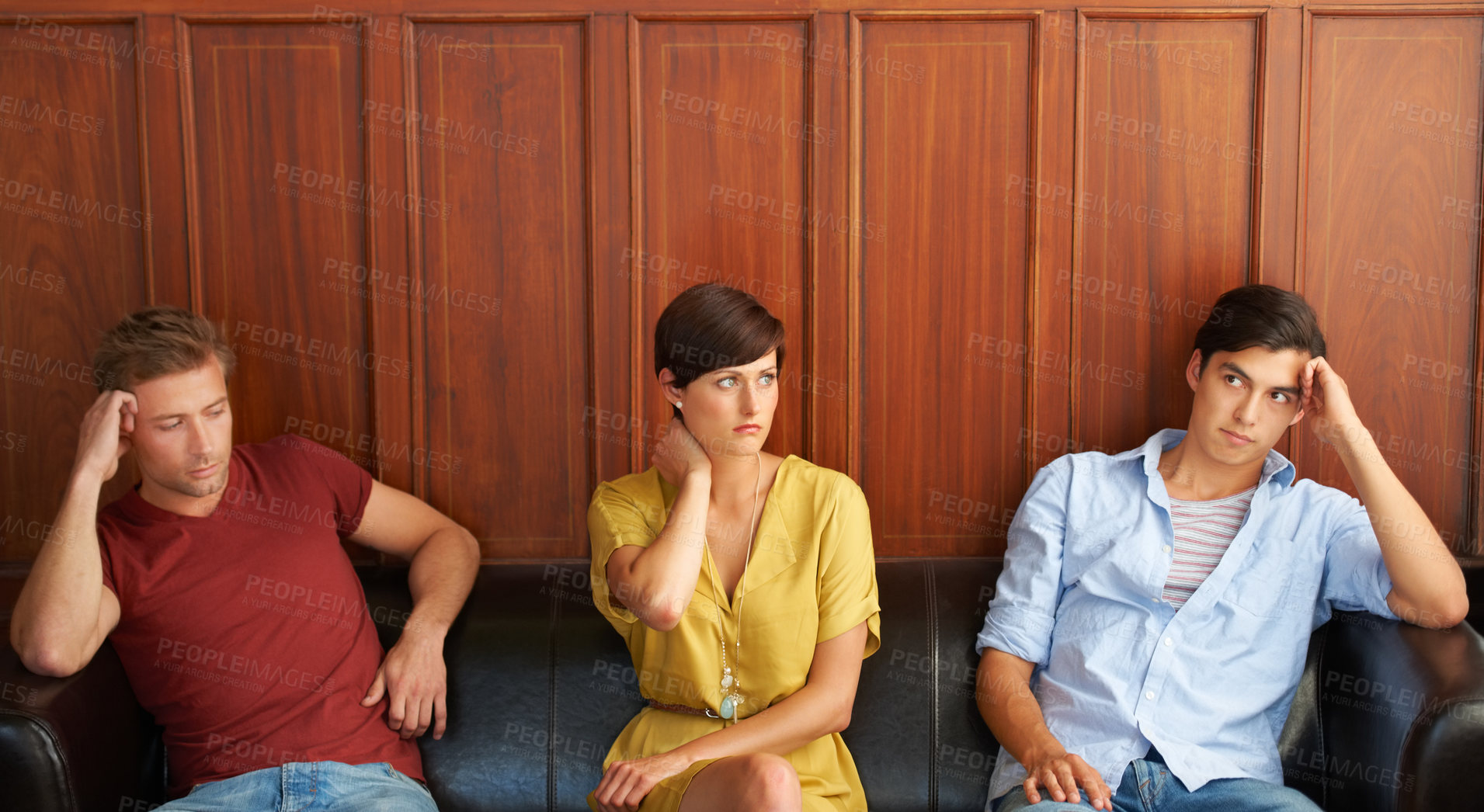 Buy stock photo Recruitment, job opportunity and bored people waiting on a sofa in an office for a human resources interview. Business, hiring and resume with an impatient candidate group in a workplace lobby