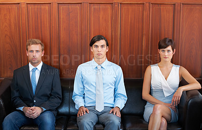 Buy stock photo People, recruitment and job hiring in lobby, opportunity and position for career. Candidates, portrait and confident for interview, human resources and waiting on couch, corporate and serious on sofa