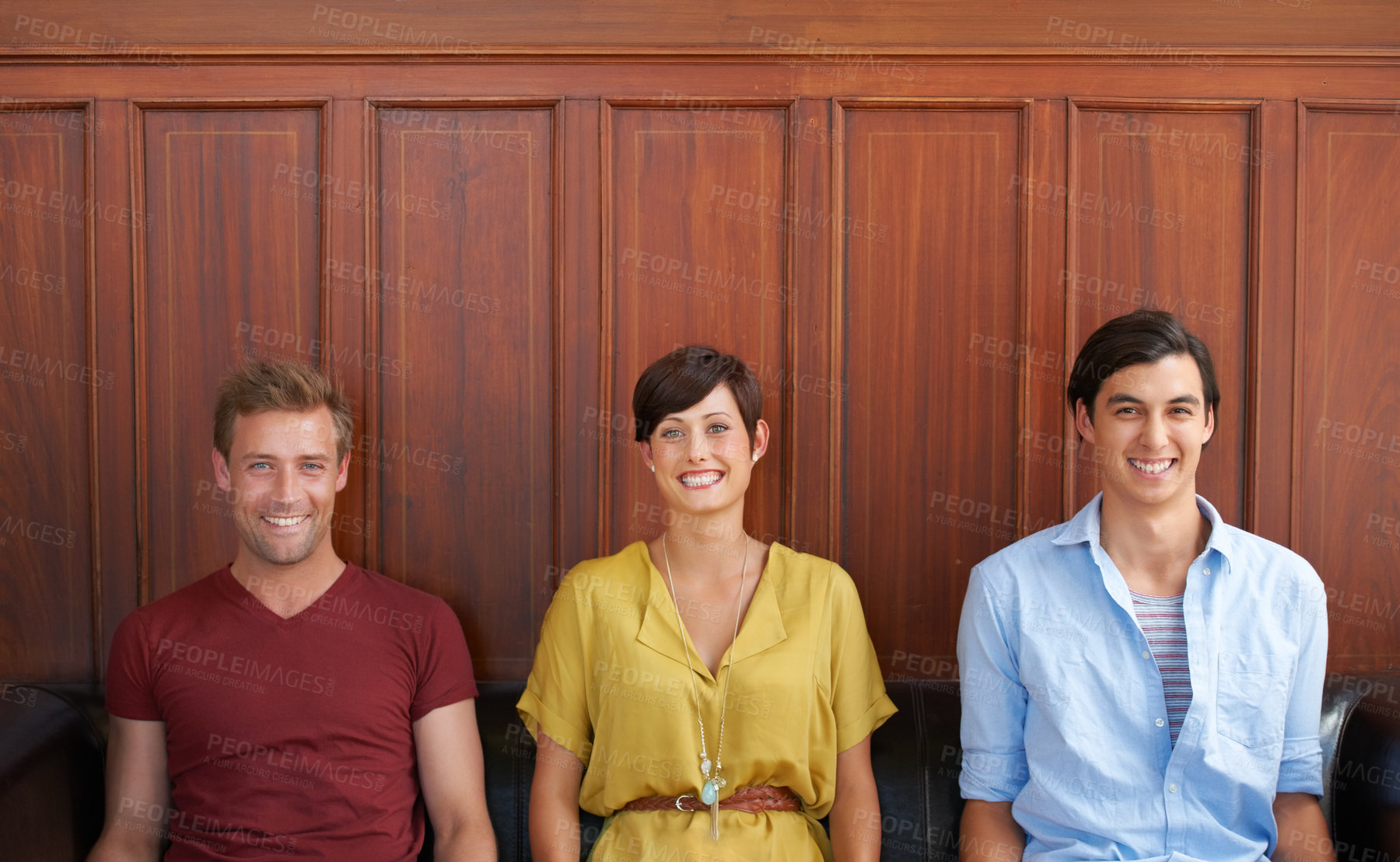 Buy stock photo People, recruitment and smile for job in room, opportunity and position for career. Happy candidates, portrait and confident for interview, human resources and positive attitude or waiting for hiring