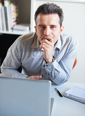 Buy stock photo Thinking, laptop or portrait of businessman in office contemplating, planning or decision making. Ideas, thoughts or pensive manager in workplace problem solving or looking for solution for project