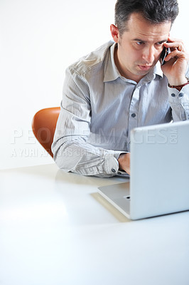 Buy stock photo Phone call, laptop or businessman planning in company on mobile conversation as communication. Online, cellphone or manager in discussion at workplace talking or speaking of ideas or audit in office