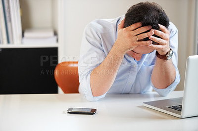 Buy stock photo Business man, laptop and sad with crisis, stress and financial depression with mistake, budget or bad news. Accountant, computer and fail with anxiety, thinking and fear for debt, bankrupt and worry