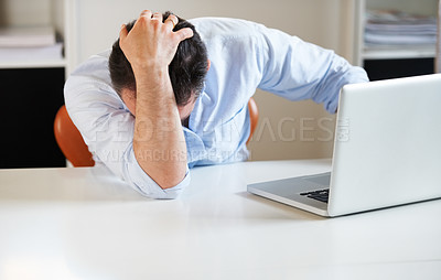 Buy stock photo Business man, laptop and frustrated with fail, stress and financial depression with mistake or bad news. Accountant, computer and crisis with anxiety, thinking and fear for debt, bankruptcy or worry