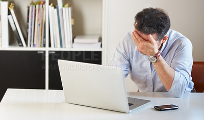 Buy stock photo Business man, laptop and stress headache for fail, financial depression or mistake on budget with bad news. Accountant, computer and anxiety for crisis, glitch or fear for debt, bankruptcy or burnout
