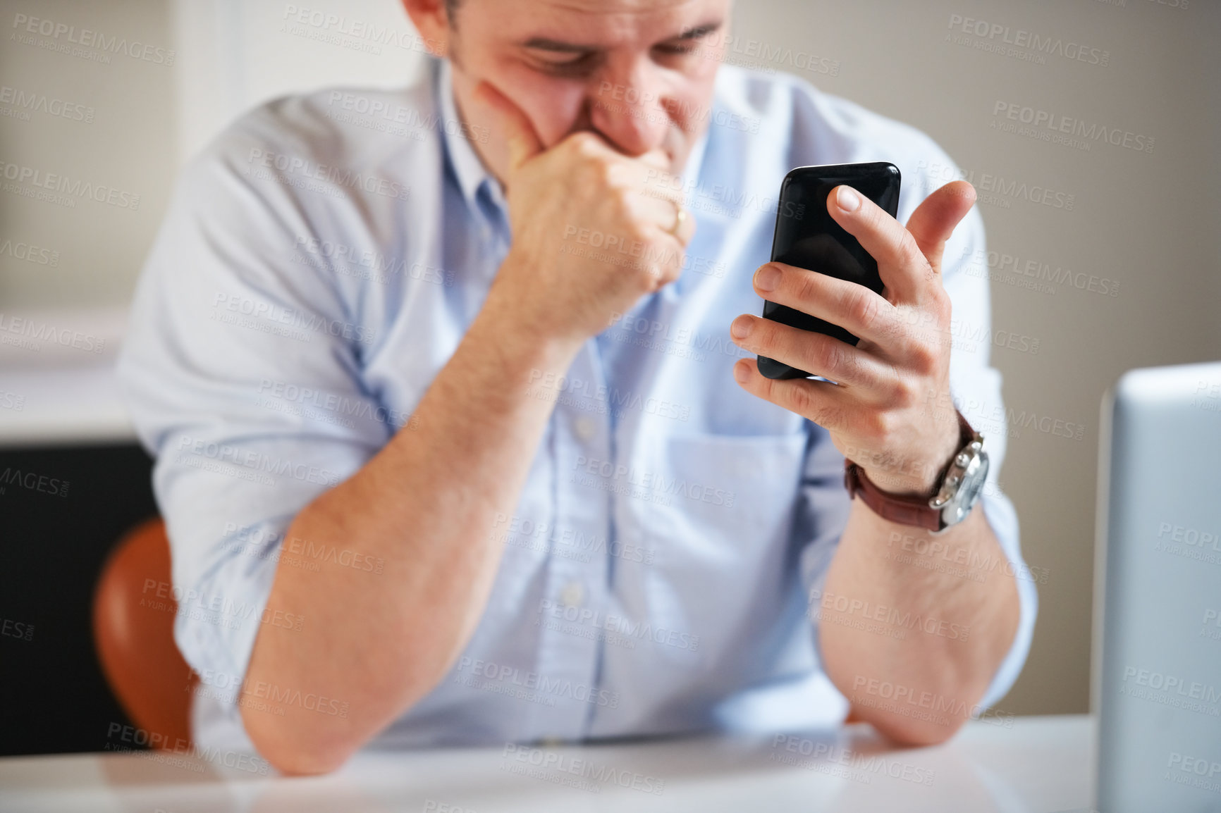 Buy stock photo Stress, businessman and a chat on a phone at work with communication, bad news and a glitch. Contact, email and an employee with anxiety, sad or frustrated with an app or notification on a mobile