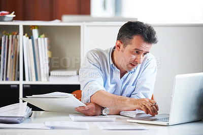 Buy stock photo Business man, laptop and documents with reading, scroll and thinking with finance review, budget or audit. Accountant, computer and paperwork for financial compliance in office, process and solution