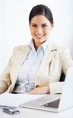 Buy stock photo Businesswoman, smile and document with laptop in office for review, research or sales report. Female consultant, corporate or analyst with excitement for company growth, networking or connectivity