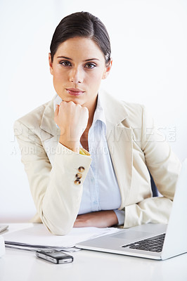 Buy stock photo Serious, laptop and portrait of business woman in office with confidence working on a legal case. Young, professional and attorney from Canada doing research on computer for law project in workplace.