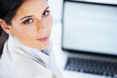 Buy stock photo Business woman, portrait and computer screen for website, social media and copywriting with office research. Face of professional writer or editor with laptop mockup or space for blog or information