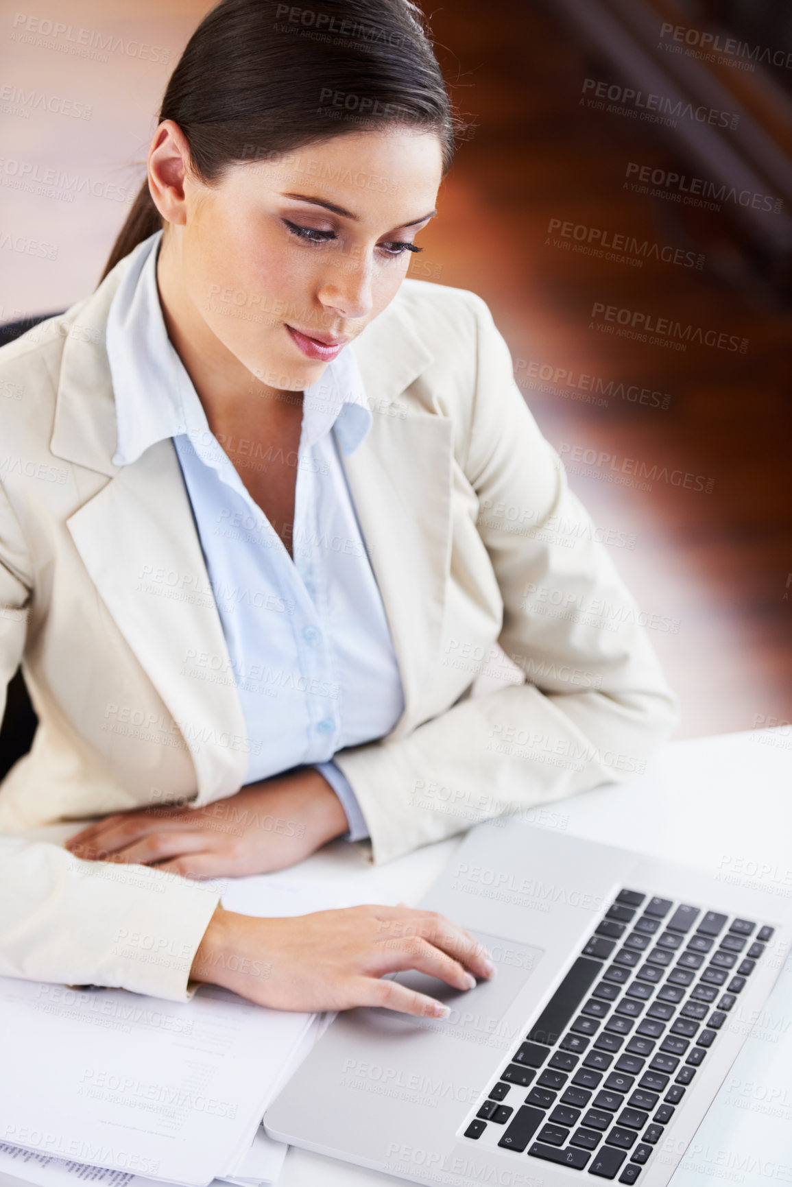 Buy stock photo Business woman, typing and planning on computer for online Human Resources, job schedule and office research. Professional employee, person or worker on laptop keyboard with company payroll software