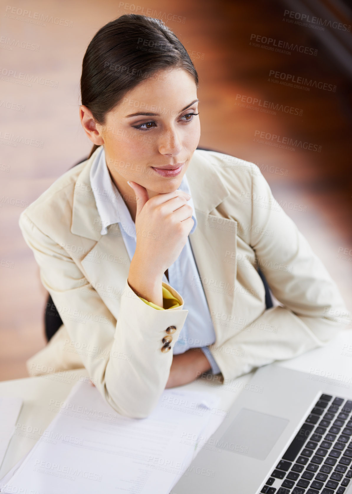 Buy stock photo Business woman, thinking and planning on computer for Human Resources decision, career solution or office research. Professional worker on laptop, reading payroll information or analysis of software