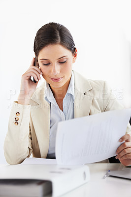 Buy stock photo Business woman, phone call and documents for human resources, recruitment process or news of opportunity in office. Professional worker reading paperwork, resume or review CV with mobile for chat