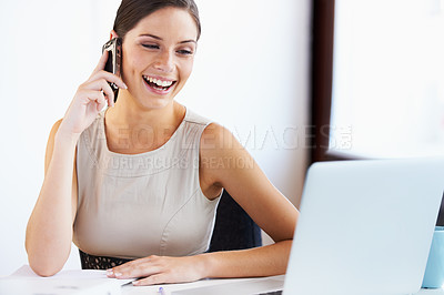 Buy stock photo Happy woman, phone and document with laptop in office by looking at screen for email with internet. Female consultant, smile and excited with report, result or news in sales for global company growth