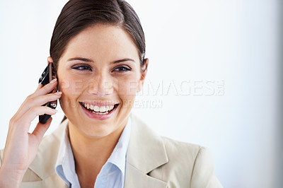 Buy stock photo Smile, phone call and business woman in office with space for networking, chat or communication on white background. Smartphone, conversation or happy lady entrepreneur talking, consulting or contact