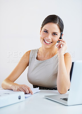 Buy stock photo Office woman, call center portrait and documents or laptop for communication or support on a wall or white background. Face of business consultant or advisor in headphone for virtual chat or contact