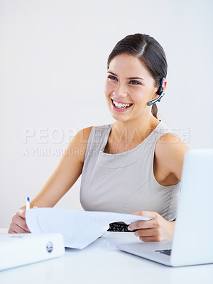 Buy stock photo Woman thinking, call center and office communication, documents and helping with loan wall or white background. Business consultant or financial advisor with paperwork, solution and for virtual chat