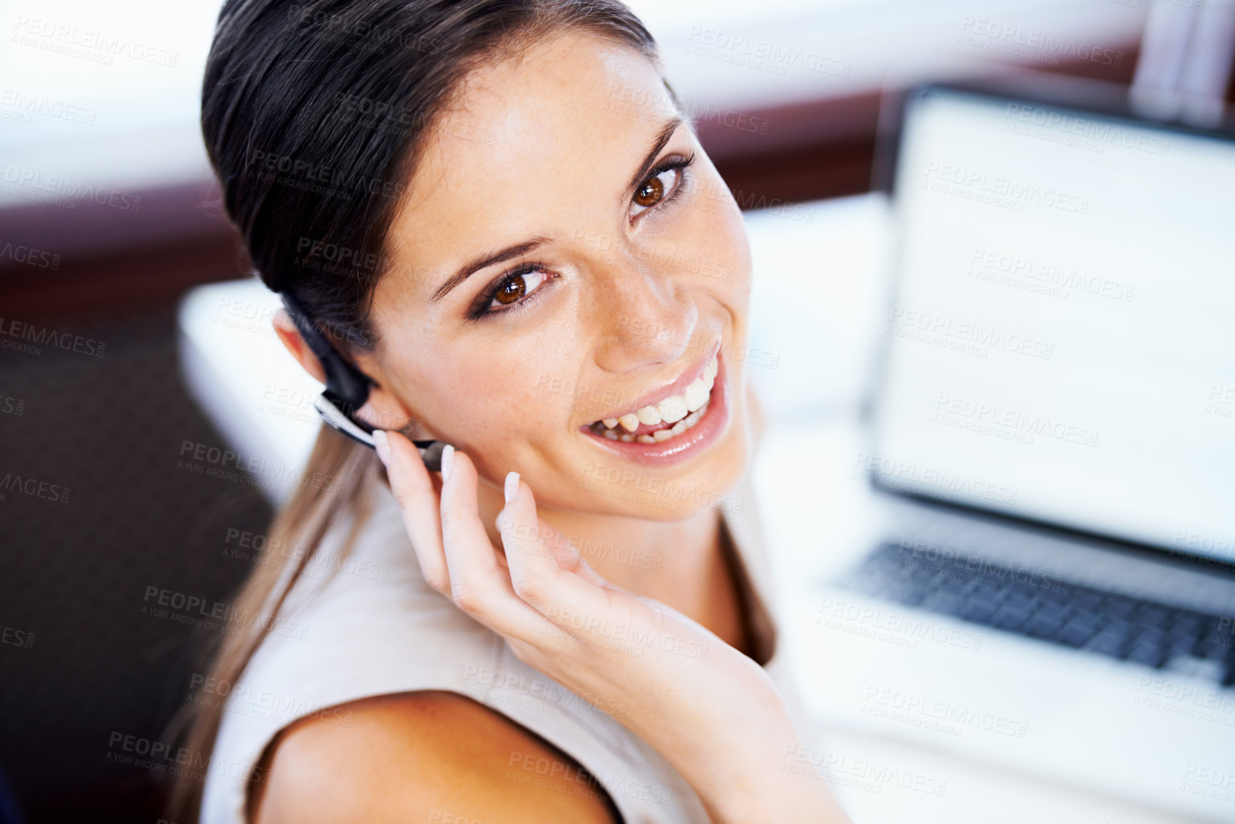 Buy stock photo Call center, woman and portrait in office for communication, telecom questions and customer service support at laptop. Face, happy telemarketing agent and receptionist with microphone for CRM contact