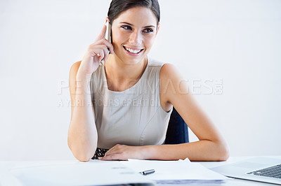 Buy stock photo Paperwork, documents or happy woman on a phone call in office for communication or Human Resources. Negotiation, cv or portfolio for recruitment of hr worker with about us, faq or we are hiring offer