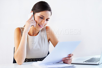 Buy stock photo Paperwork, consulting and manager on a phone call in office for communication or Human Resources. Negotiation, woman or portfolio for recruitment of hr worker talking or speaking of documents or CV