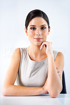 Buy stock photo Portrait, woman and small business owner smile with confidence, ambition and mindset in office. Startup, face and female entrepreneur with positive attitude, empowerment or company, career or pride