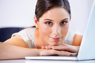 Buy stock photo Laptop, portrait and business woman in office with positive, good and confident attitude. Smile, pride and headshot of professional female corporate lawyer from Canada with computer in workplace.