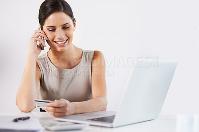 Buy stock photo Business woman, credit card and phone call for banking, ecommerce and payment for online shopping, Laptop, smile or happy worker talking on smartphone for fintech info, service or investment advice