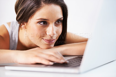 Buy stock photo Laptop, relax or woman in office typing, writing email or web surfing for research analysis on internet. Business, computer and happy female worker working on pc planning at work in company or agency