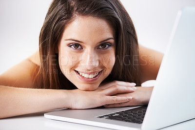 Buy stock photo Woman, smile and on laptop to relax, portrait and happy for rest, positive mindset and face. Female person, peace and confident with technology, internet and connection or networking online or web