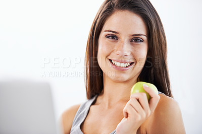 Buy stock photo Smile, portrait and woman nutritionist with apple in studio for wellness, diet or eating plan on white background. Weight loss, face and female health influencer with blog survey, help or menu guide